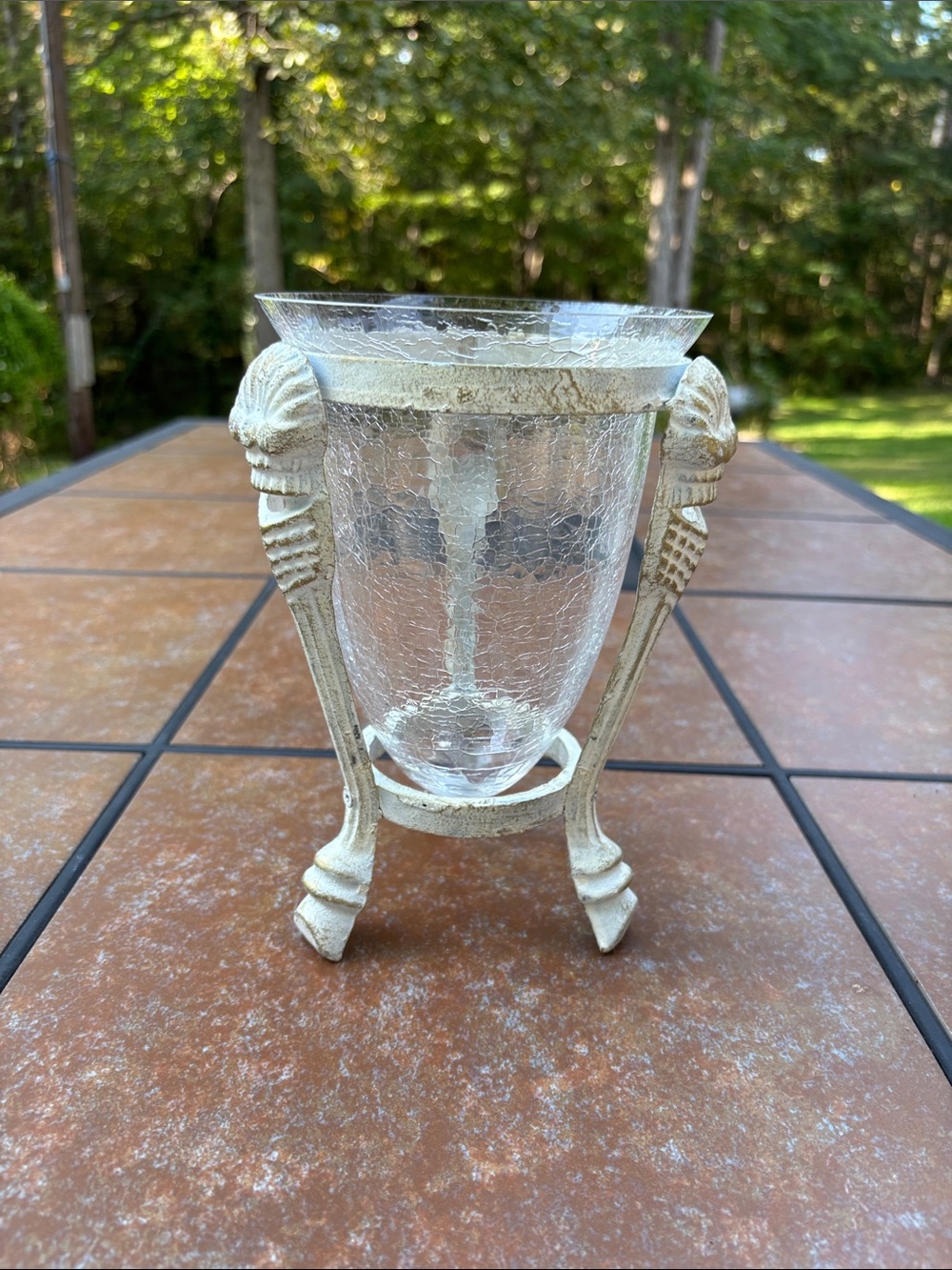 Decorative Clear Crackle Glass Vase/Candle Holder Distressed White Metal Stand - Picture 5 of 8